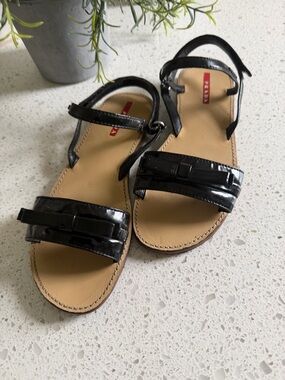 Prada Black Patent Leather Bow-Trim Flat Sandals